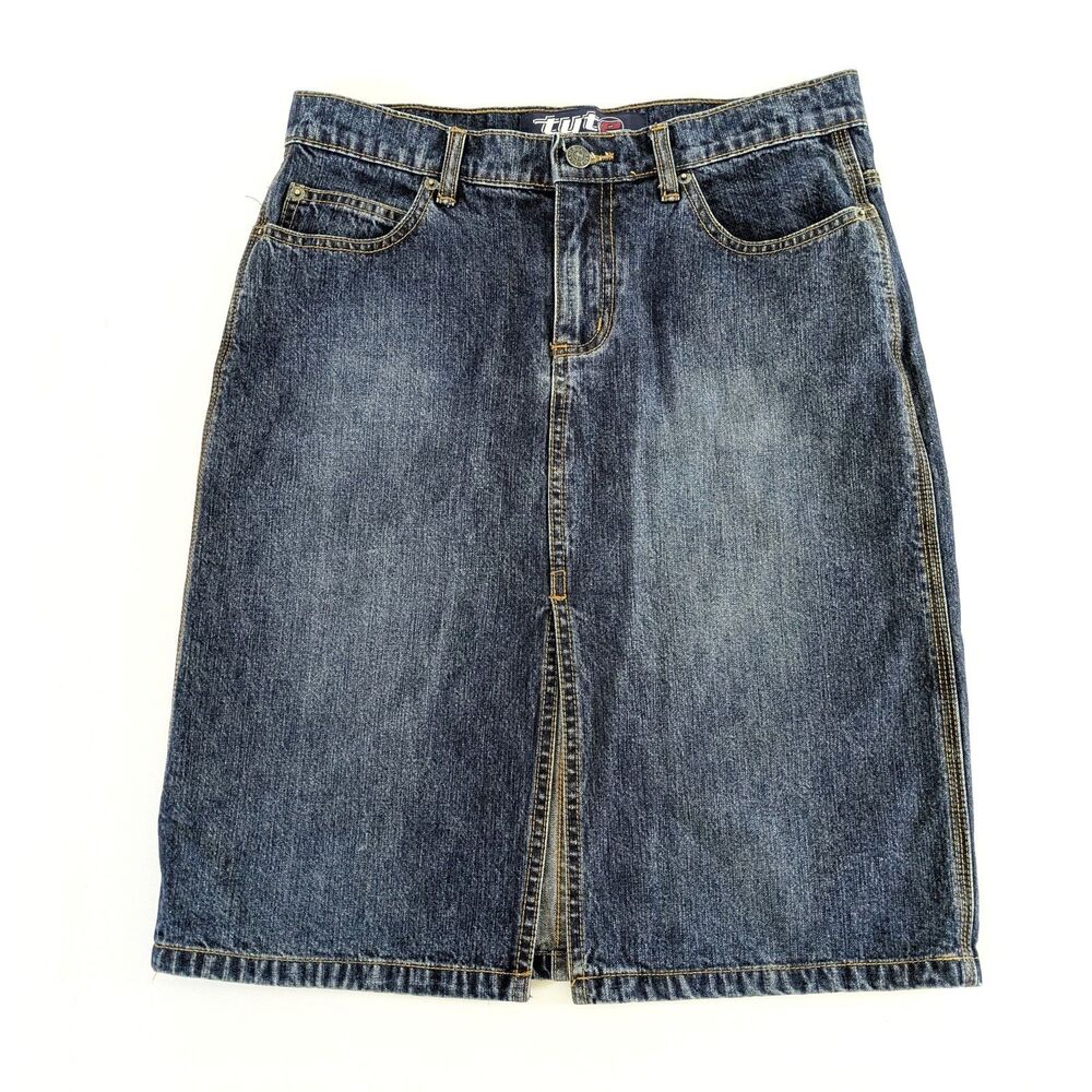 TYTE Knee Length Jean Skirt Juniors Size 7 Medium Wash Front Slit Blue Denim Y2k